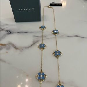 Ann Taylor Gold Necklace with Blue Statice  Enamel Clover